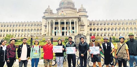 Cyclists spread awareness on the Active Mobility Bill in Bengaluru on Saturday
