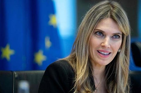 In this file photo, Greek politician and European Parliament vice-president Eva Kaili speaks during a meeting in Brussels. (Photo | AFP)