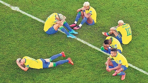 Brazil players in tears after their agonising  defeat in the penalty shootout (2-4) against Croatia in the World Cup quarterfinals match (Photo | AP)