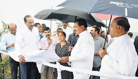 Agriculture Minister S Niranjan Reddy inspects the site where the proposed Koheda fruit market will be constructed, on Sunday