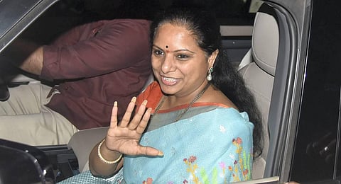 Bharat Rashtra Samithi (BRS) MLC K Kavitha after questioning by the CBI in connection with the 'Delhi excise policy scam', in Hyderabad. (Photo | PTI)
