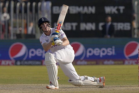 England's Harry Brook plays a shot during the fourth day of the first test cricket match between Pakistan and England, in Rawalpindi, Pakistan on Dec. 4, 2022.(File  |AP)