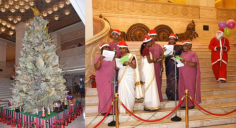 ​  The 21-feet tree at ITC Grand Chola is made of palm leaves. (Photo | Ashwin Prasath, EPS)