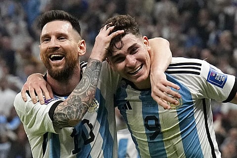 No Mess Up This Time: Argentina's Lionel Messi and Julián Álvarez celebrate after scoring during the World Cup semi-final match against Croatia. (Photo | AP)