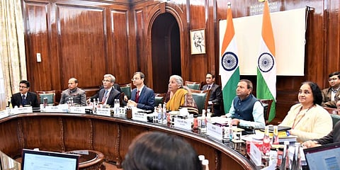 India's Finance Minister Nirmala Sitharaman chairs the meeting of the GST Council  in New Delhi. (Photo | Twitter @FinMinIndia)