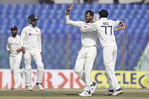 Axar celebrates after a dismissal. (Photo | AP)