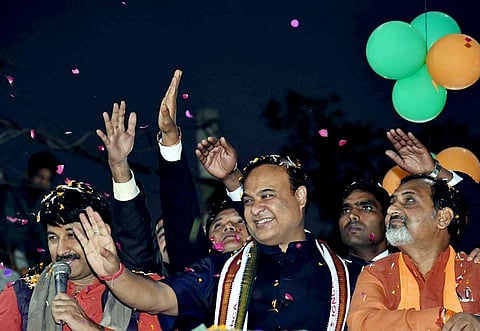 Chief Minister of Assam, Himanta Biswa Sarma, during the Vijay Sankalp Roadshow for the upcoming Municipal Corporation of Delhi (MCD) elections, in New Delhi. (Photo | ANI)