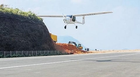 A Virus SW 80 light aircraft lands at the Satram airstrip in Idukki on Thursday.