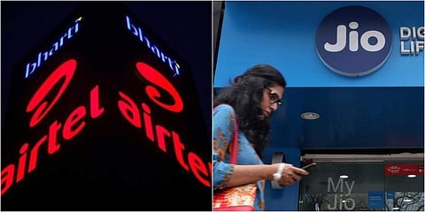 The logos of Bharti Airtel and Reliance Jio. (File Photo| Reuters)