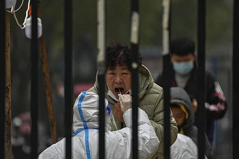 Image used for representational purposes. A woman has her routine COVID-19 test at a coronavirus testing site setup inside a residential compound in Beijing, Nov. 24, 2022. (Photo | AP)