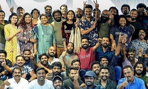 The team for Aneesh Upasana’s film wrapping up work on the last day of the shoot. (Photo | Navya Nair Instagram)