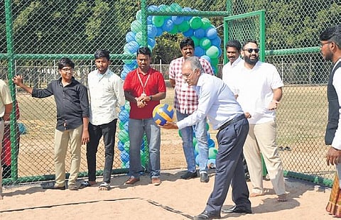 M Bharadwaj, secretary of GITAM, inaugurates the newly-constructed outdoor  sports arena and the renovated indoor sports complex on Thursday