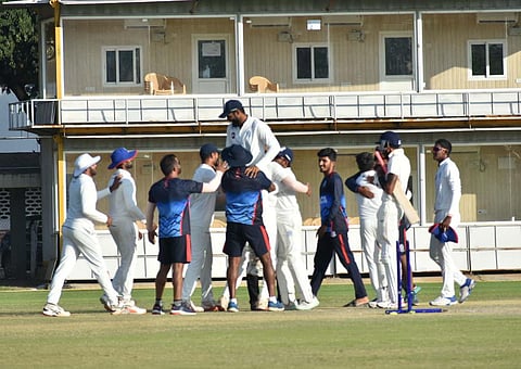 Andhra players celebrate their win over Tamil Nadu in Coimbatore on Friday (Photo | S Senbaga Pandiyan, EPS)