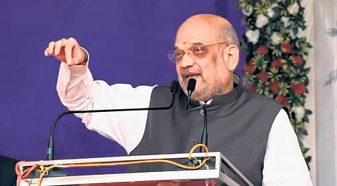 Amit Shah at the 95th anniversary of Sheth GC High School at Mehsana. (Photo | Express)