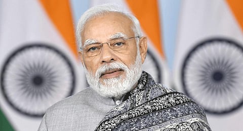 Prime Minister Narendra Modi addresses Amrit Mahotsav at Shree Swaminarayan Gurukul Rajkot Sansthan . (Photo | PTI)