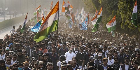 Congress leader Rahul Gandhi with party leaders and supporters during the Bharat Jodo Yatra in New Delhi, Dec 24, 2022. (Photo | PTI)