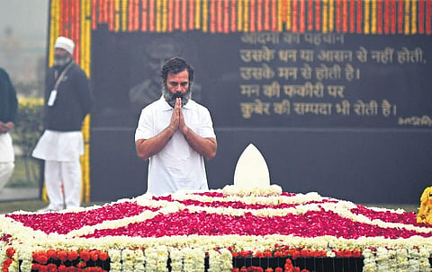 Congress leader Rahul Gandhi pays tribute to former Prime Minister Atal Bihari Vajpayee at Sadaiv Atal in New Delhi on Monday | PARVEEN NEGI
