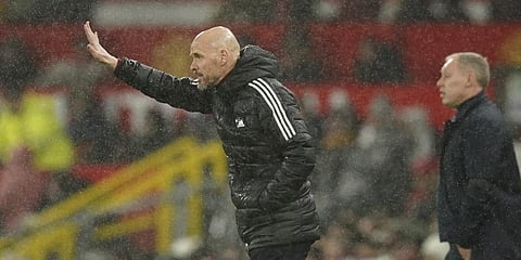 Manchester United's head coach Erik ten Hag gives instructions from the side line during the EPL match against Nottingham Forest at Old Trafford.(Photo | AP)