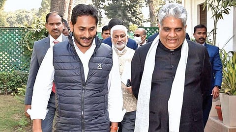 Chief Minister YS Jagan Mohan Reddy in conversation with Union Environment Minister Bhupender Yadav during his visit to New Delhi on Wednesday I Express