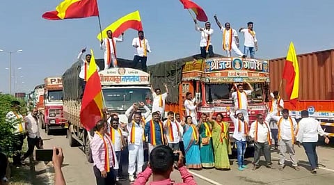 Karnataka Rakshana Vedike supporters stage a protest over the Maharashtra-Karnataka border dispute, at Hire Bagewadi, in Belagavi on Tuesday. (Photo | ANI)