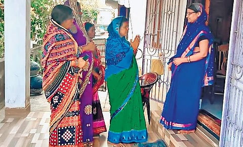 President of Maa Budhijagulei SHG and panchayat samiti member candidate Sampad Kumari Parida canvassing for the upcoming  elections. (Photo | Express)
