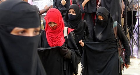 Students comes out of government college in Shivamogga during the hijab protest, in Karnataka. (Photo | Shimoga Nandan, EPS)