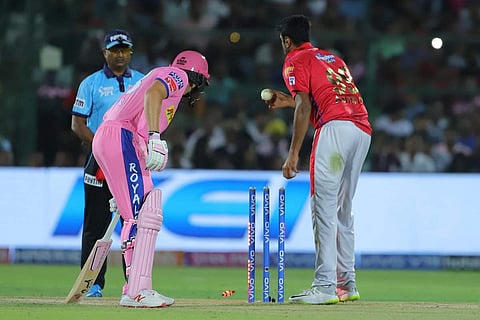Ravichandran Ashwin and Jos Buttler's run-out at the non-striker's end incident. (Photo | Twitter/@IPL)