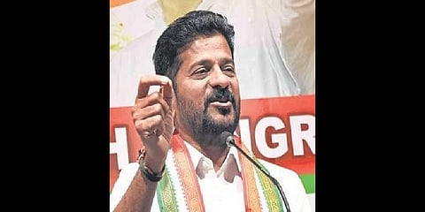 TPCC president A Revanth Reddy addressing media at Gandhi Bhavan  in Hyderabad on Friday | R V K Rao