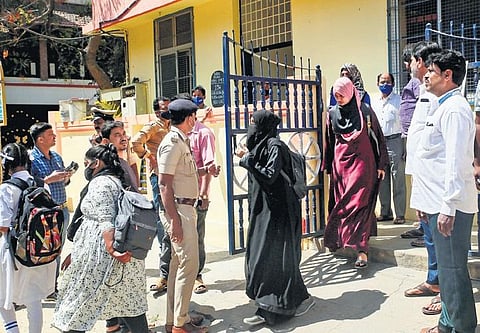 Women participating in the protest against Hijab ban
