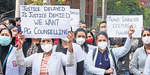 Lady Hardinge Medical College doctors protest on Thursday, Dec 9, 2021. (Photo | Parveen Negi)