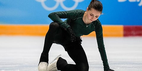 Kamila Valieva, of the Russian Olympic Committee, trains at the 2022 Winter Olympics, Monday, Feb. 14, 2022, in Beijing. (Photo | AP)