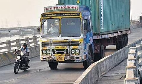 A container lorry seen crossing Ennore Creek bridge | P Jawahar