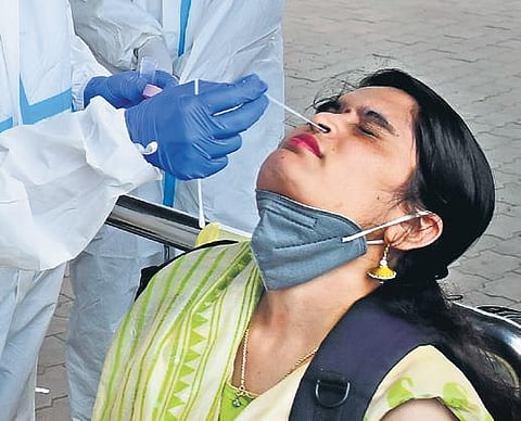 A woman gives her swab samples for RT-PCR test at the KSRTC bus stand in Bengaluru (Photo | Shriram BN/EPS)