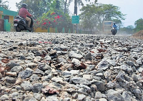 The heavily damaged VSSC-All Saints Road near Veli in Thiruvananthapuram. The road linking educational institutions, domestic and international airports continues to pose threat to motorists and pedes