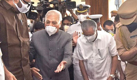Governor Arif Mohammed Khan, flanked by Chief Minister Pinarayi Vijayan and Speaker M B Rajesh, walking to the assembly on Friday | B P Deepu
