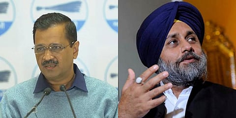 AAP convenor Arvind Kejriwal, left, Shiromani Akai Dal president Sukhbir Snigh Badal