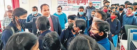 Surajpur collector Gaurav Kumar Singh engaging with school students during a Samvad session