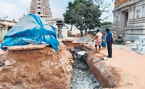 Cement is being used for restoration work at the 8th century temple in Begur, Bengaluru. (Photo | EPS)