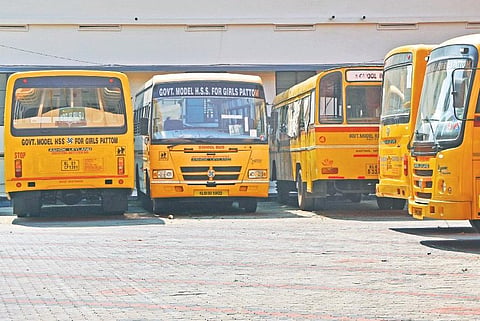 Buses parked at Pattom Girls HSS in the capital city (Photo| EPS, B P Deepu)