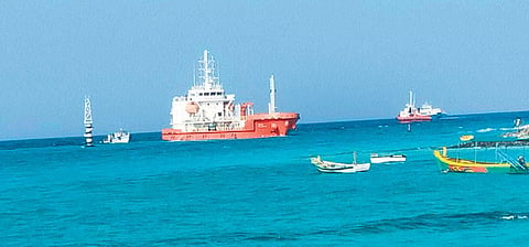 MV Thilaakkam that ran aground while entering Kavaratti port on Monday (Photo | EPS)