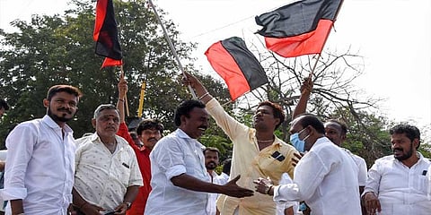 DMK cadre celebrating their party’s victory in the urban local body elections outside the counting centre at Jamal Mohammed college in Tiruchy on Tuesday |  MK Ashok Kumar