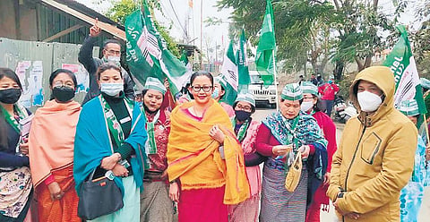 JDU candidate Thounaojam Brinda (wearing glasses) campaigns in Imphal. (Photo| EPS)