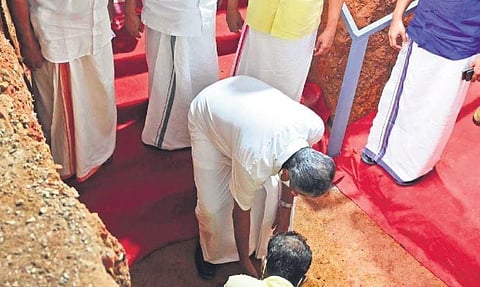 Chief Minister Pinaryai Vijayan lays the foundation stone of the new office building of the CPM state committee in Thiruvananthapuram on Friday. | Express