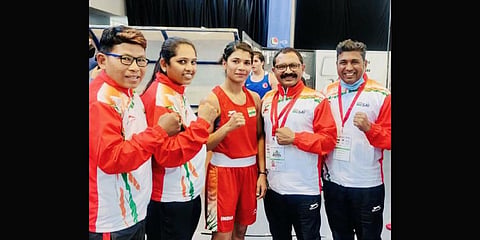 Nikhat Zareen(Centre) after winning gold.(Photo | Twitter)