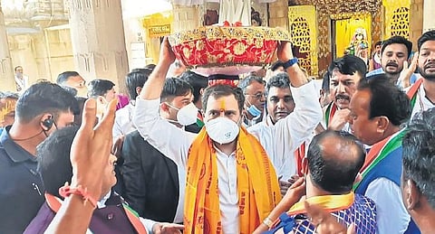 Congress leader Rahul Gandhi visits a temple in Dwarka on Saturday | express