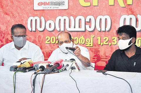 CPM state secretary Kodiyeri Balakrishnan addressing the media in Kochi on Feb 27, 2022, ahead of the party's state conference. (Photo | EPS,  A Sanesh)