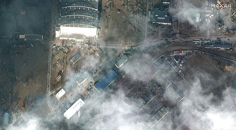 This satellite image provided by Maxar Technologies shows the aftermath of combat with grass fires and damage caused by recent airstrikes and heavy fighting with the Russians(Photo | AP)