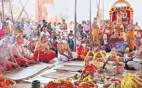 Sri Lakshmi Narayana Maha Yagnam begins with Shobha Yatra at Mucchintal near Shamshabad as part of Sri Ramanujacharya’s birth centenary celebrations on  Wednesday. (File photo)