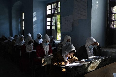 Afghan girls participate a lesson at Tajrobawai Girls High School, in Herat, Afghanistan, Thursday, Nov. 25, 2021. (Photo | AP)