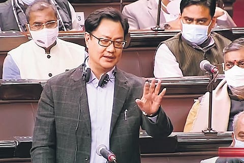 and Union Law Minister Kiren Rijiju speak in Rajya Sabha on Thursday | PTI